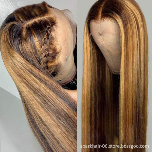 13x4 Pre Plucked Straight Brown and Blonde Highlight Human Hair Wig, Blonde Highlighted Wigs ,Brown Blonde Highlight Human Hair